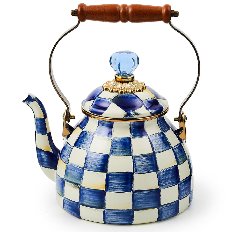 MACKENZIE-CHILDS enamel tea kettle base view adds colorful household charm while boiling water.