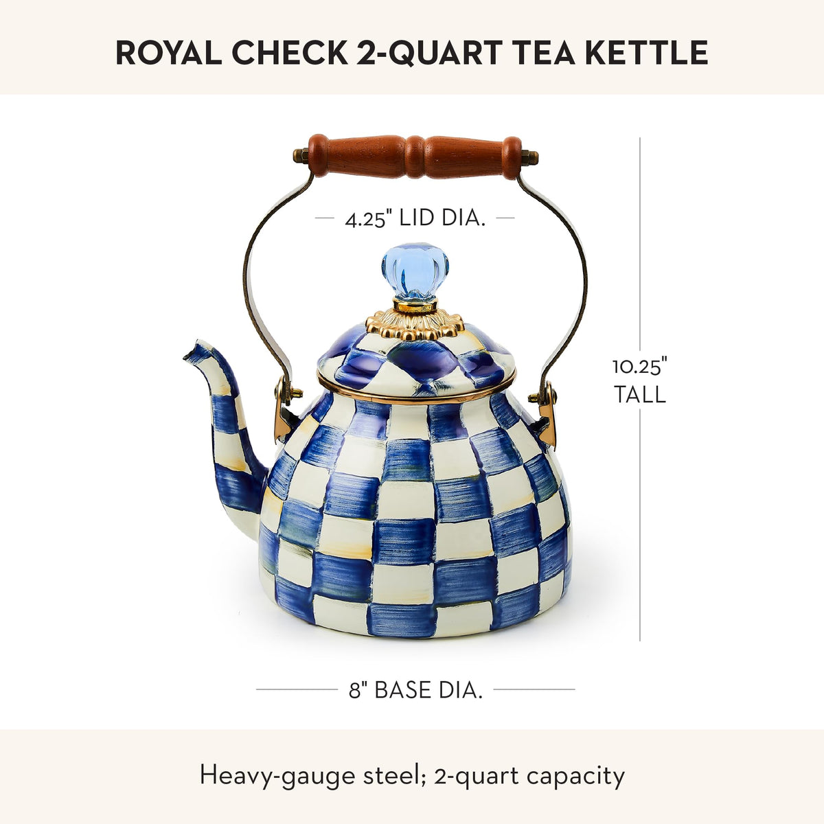 MACKENZIE-CHILDS enamel tea kettle blue glass knob adds decorative flair and easy lid handling.