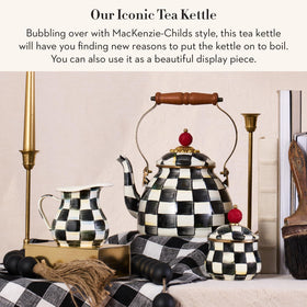 MACKENZIE-CHILDS enamel tea kettle Courtly Check spout detail for easy pouring.