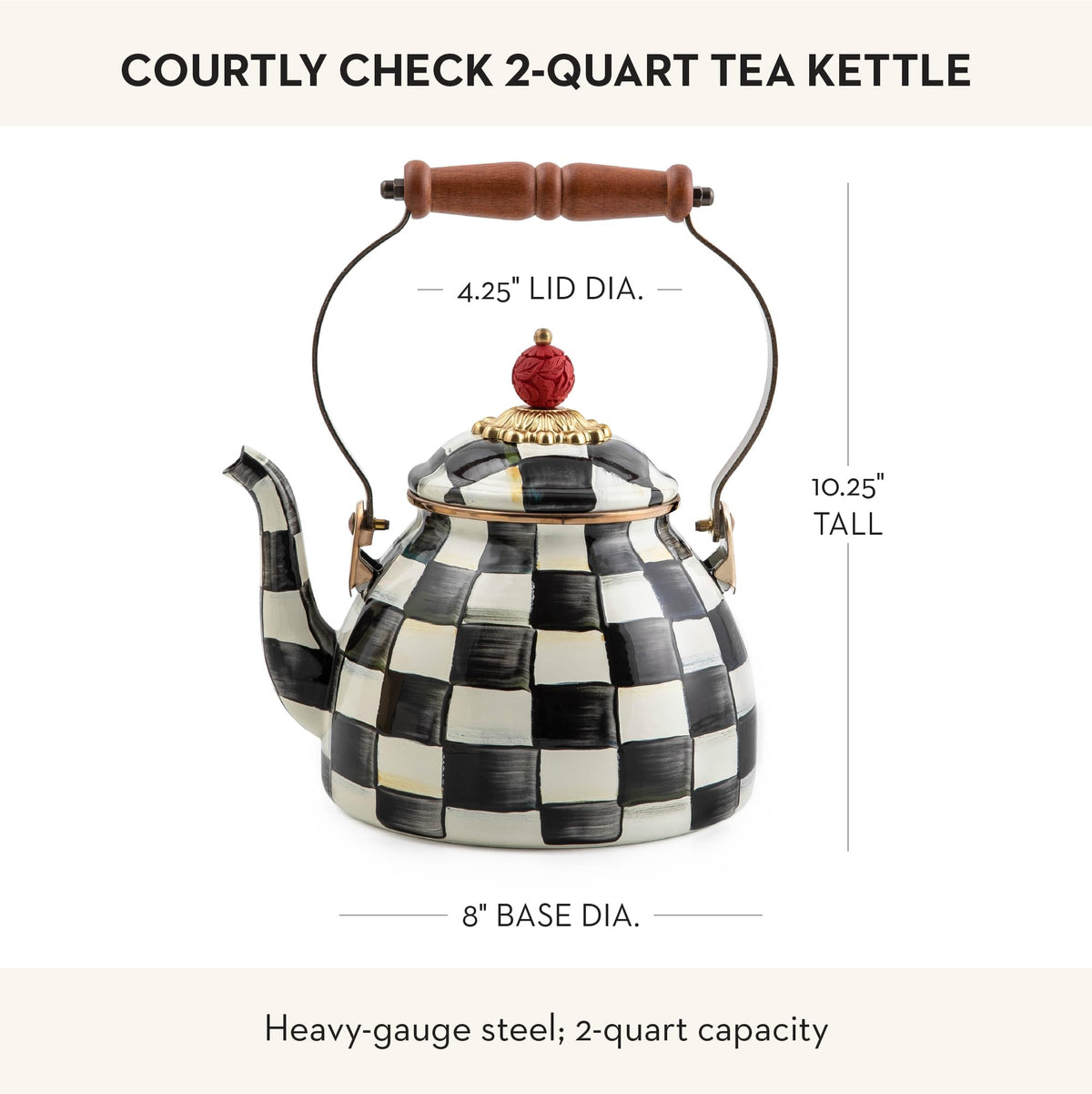 MACKENZIE-CHILDS enamel tea kettle faux-cinnabar knob adds boutique flair.