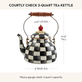 MACKENZIE-CHILDS enamel tea kettle faux-cinnabar knob adds boutique flair.