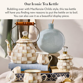 MACKENZIE-CHILDS tea kettle with glass lid knob for easy monitoring while brewing.