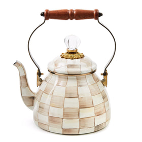 MACKENZIE-CHILDS enamel tea kettle with Mocha Check and wood handle for stylish stovetop use.