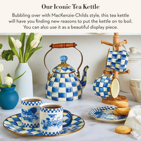 MACKENZIE-CHILDS enamel tea kettle royal check pattern highlights timeless blue-and-white elegance.