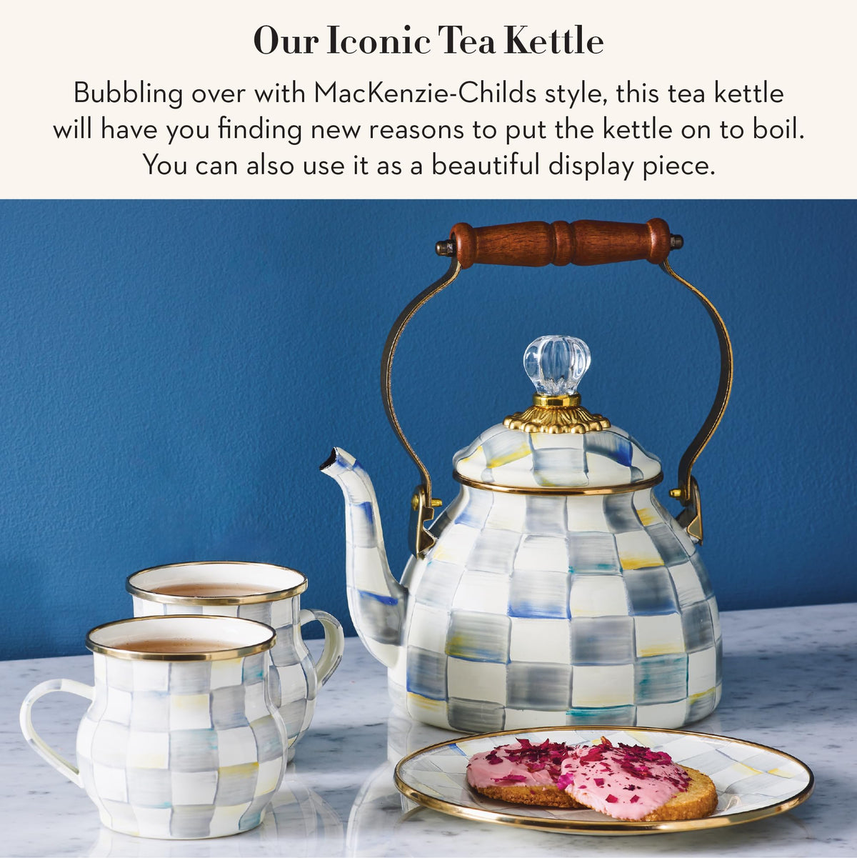 Mackenzie-Childs kettle grey-and-white Sterling Check design adds classic style to daily tea.