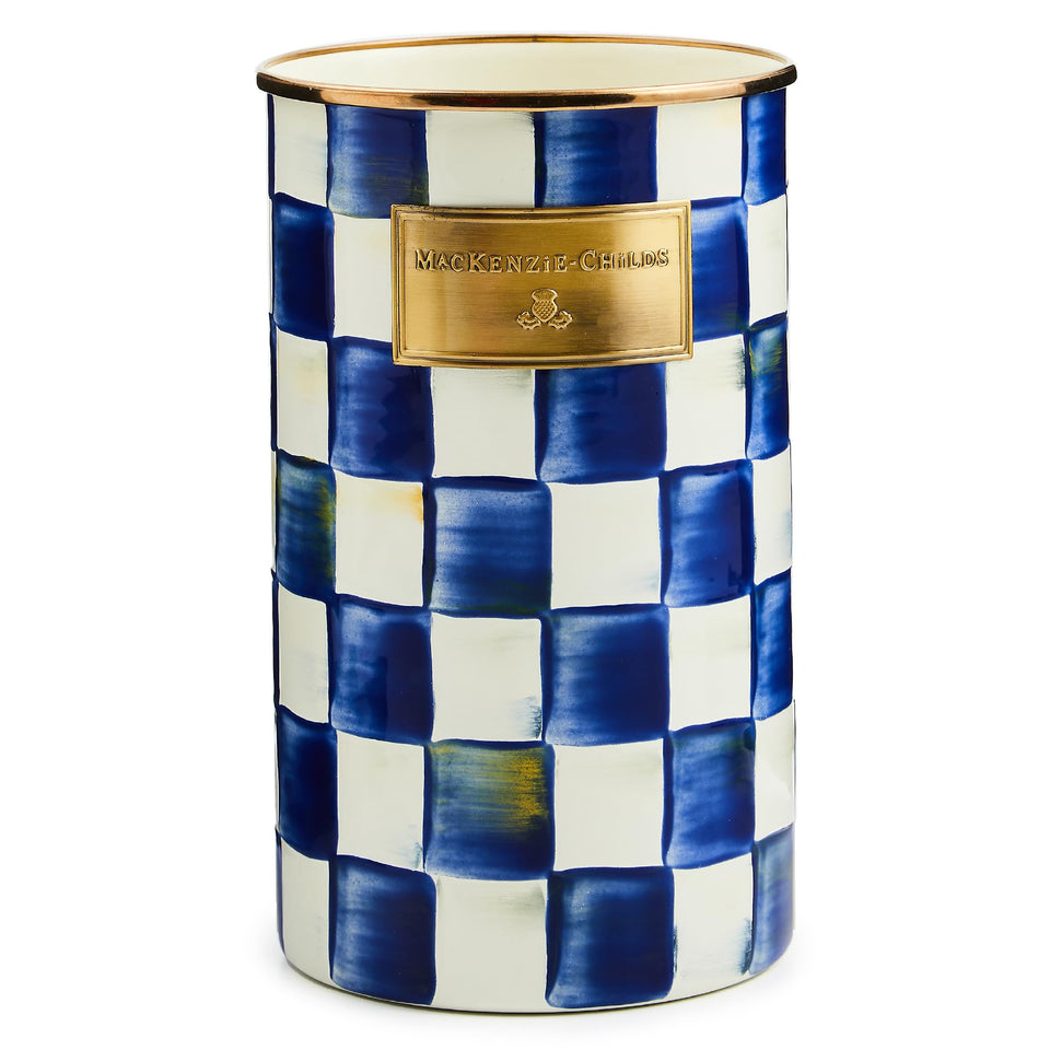 MacKenzie-Childs enamel utensil holder, blue-and-white royal check, ideal for organized countertop storage.