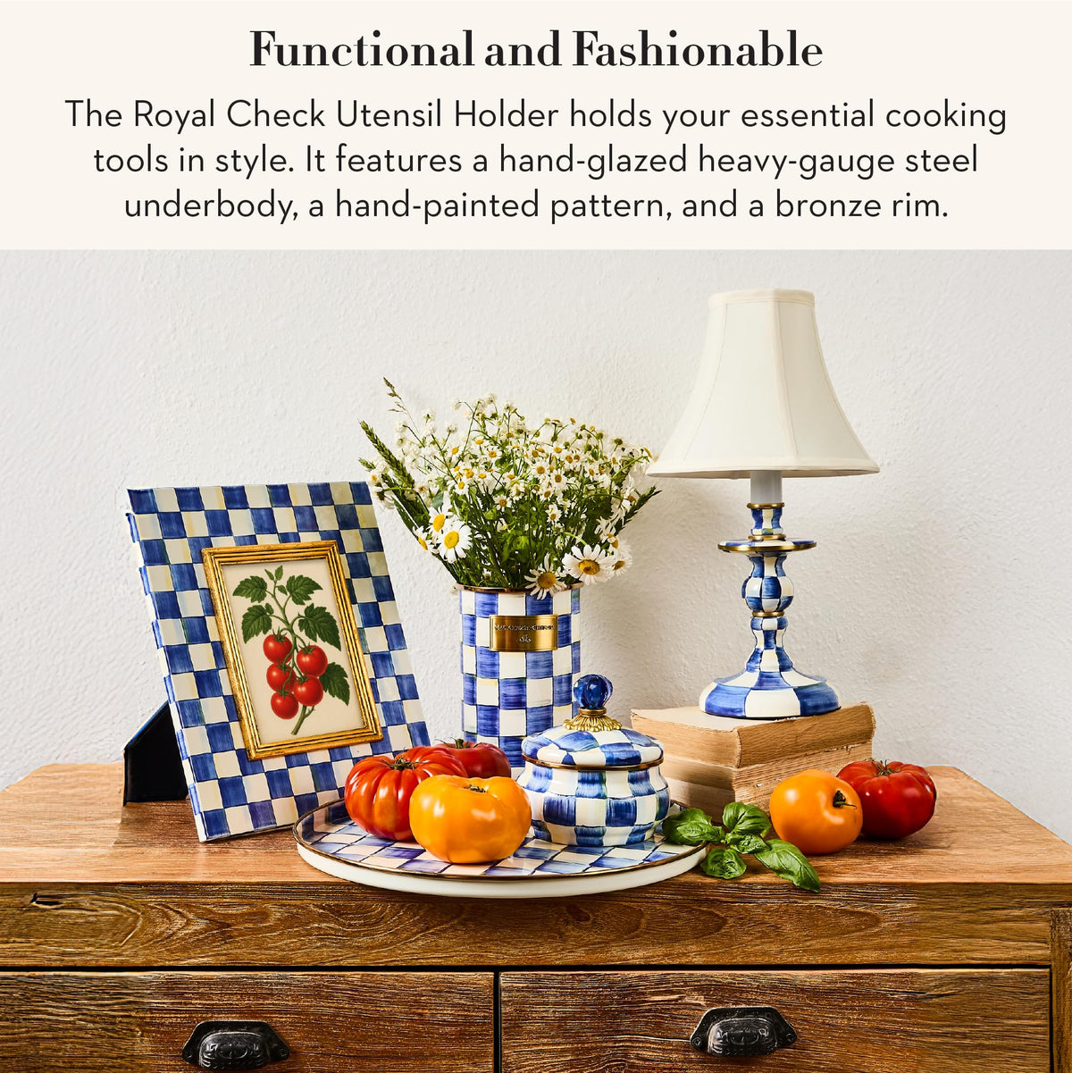 Side view of MacKenzie-Childs enamel utensil holder in royal check, elevating counter aesthetics.