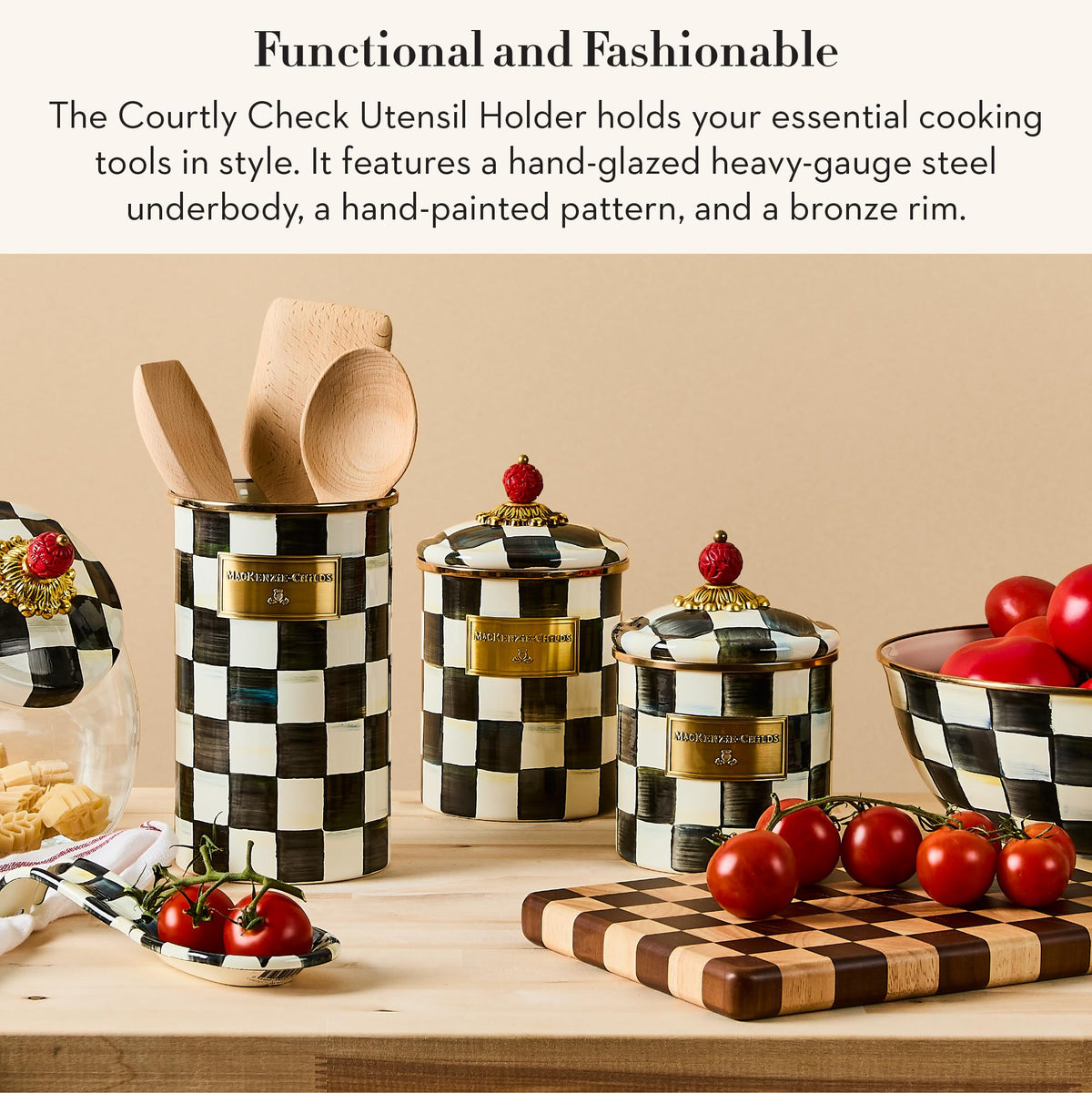 Close-up of Courtly Check pattern on MacKenzie-Childs utensil holder