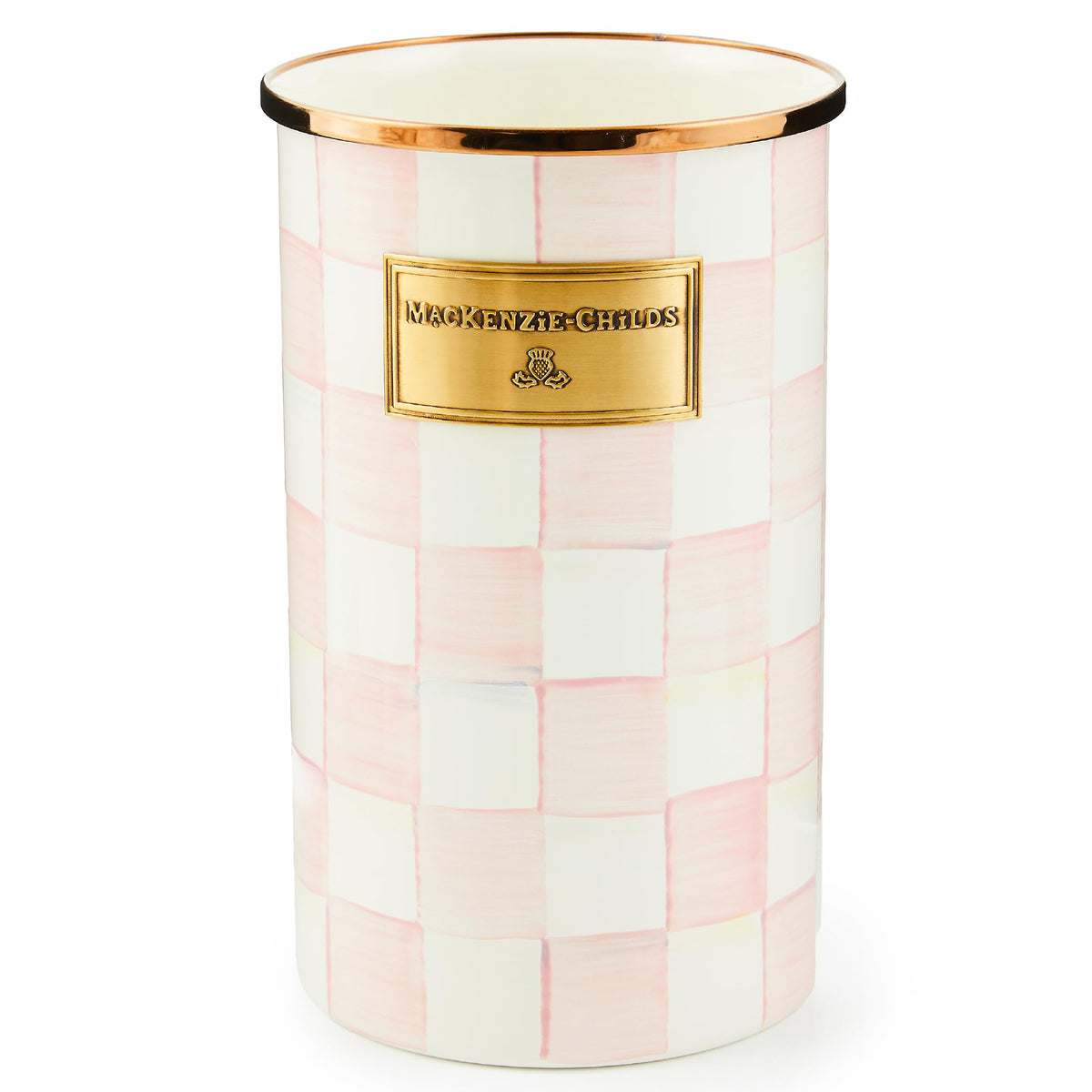MACKENZIE-CHILDS enamel utensil holder in Rosy Check pattern for stylish countertop organization.