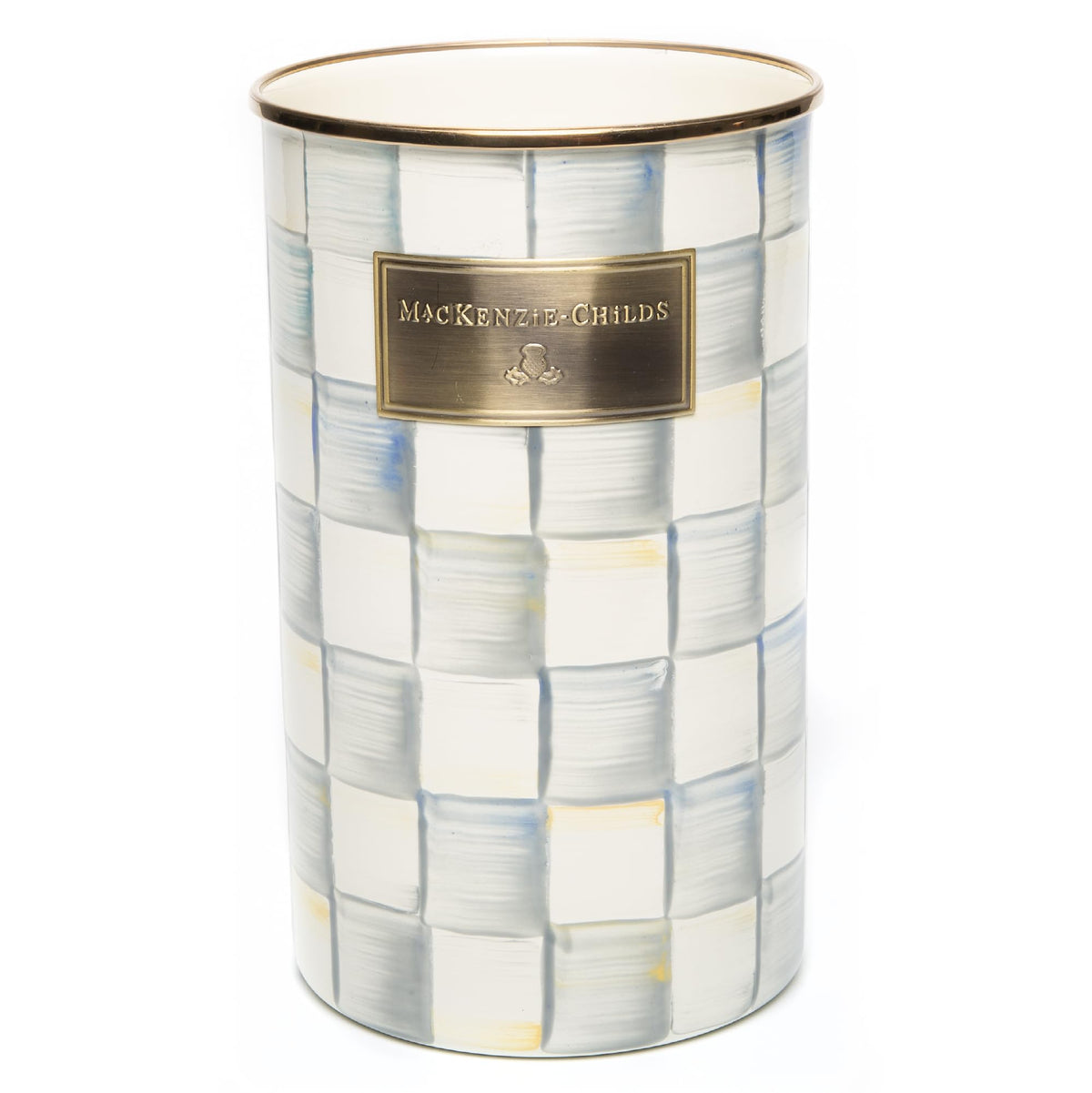 Mackenzie-Childs enamel utensil holder displays Sterling Check gray-white pattern for stylish storage.