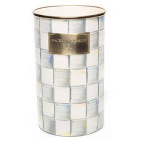 Mackenzie-Childs enamel utensil holder displays Sterling Check gray-white pattern for stylish storage.