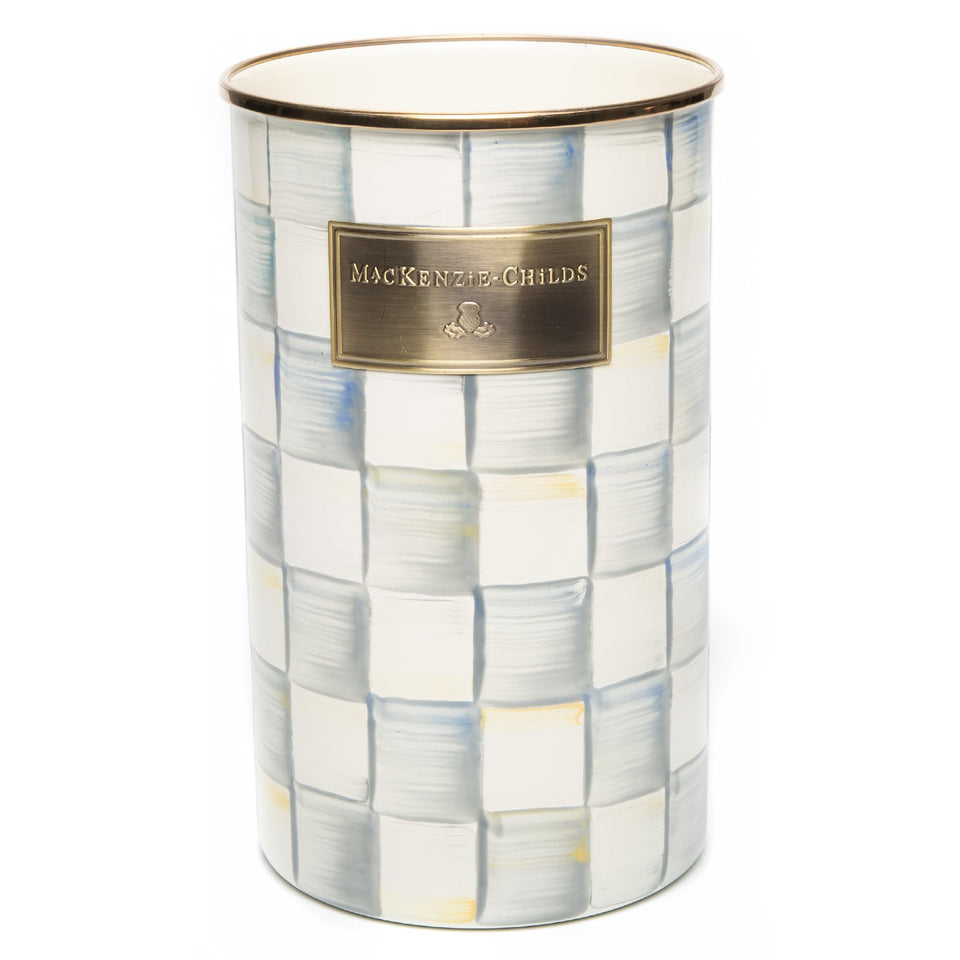 Mackenzie-Childs enamel utensil holder displays Sterling Check gray-white pattern for stylish storage.