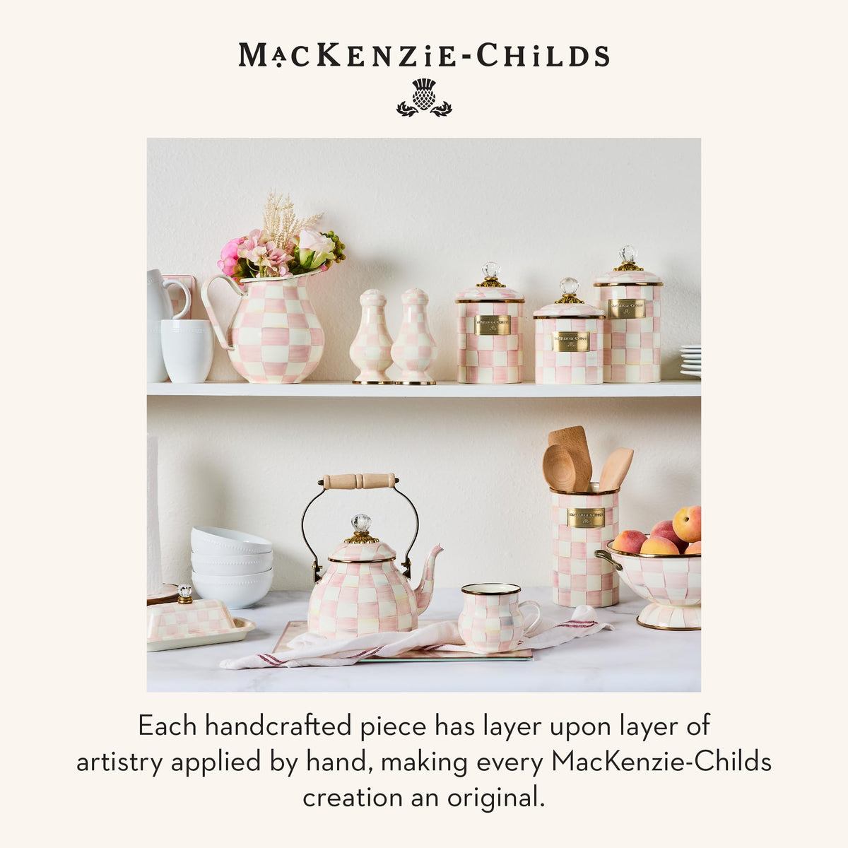 MACKENZIE-CHILDS enamelware decor enhances kitchen storage with whimsy.