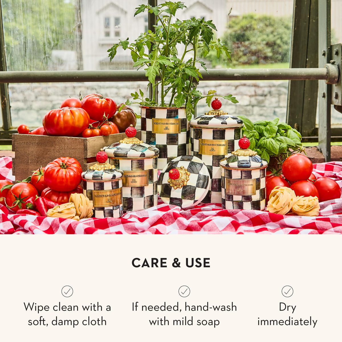MacKenzie-Childs enamel canister set blends art and practical storage.