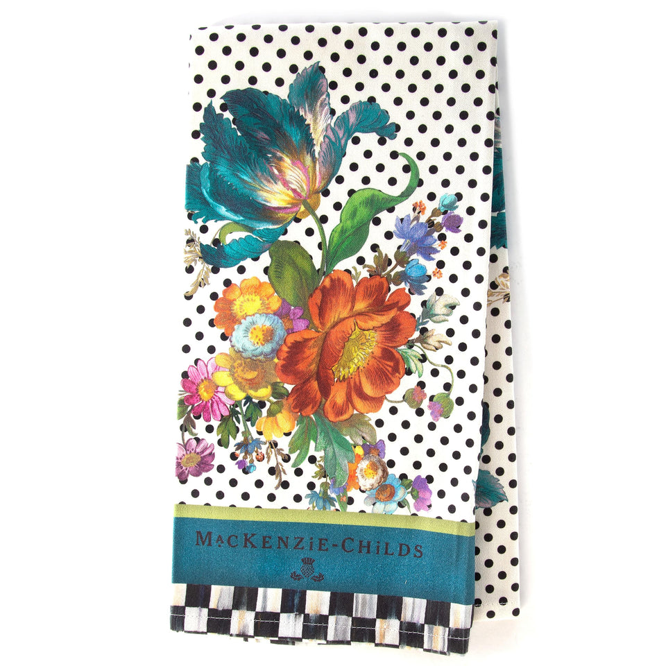 MACKENZIE-CHILDS Flower Market dish towel with decorative design for kitchen or bath.