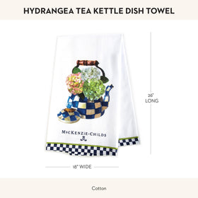 MACKENZIE-CHILDS Hydrangea Tea Kettle towel drying dishes adds charm
