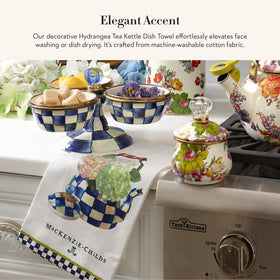 MACKENZIE-CHILDS Hydrangea Tea Kettle towel folded display practical dry hands