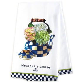 MACKENZIE-CHILDS Hydrangea Tea Kettle towel front view adds decorative kitchen flair