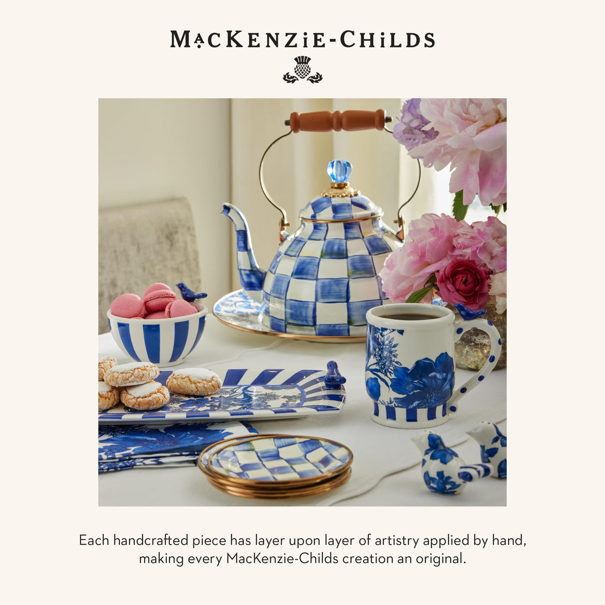 MACKENZIE-CHILDS Hydrangea Tea Kettle towel gift idea for housewarmings