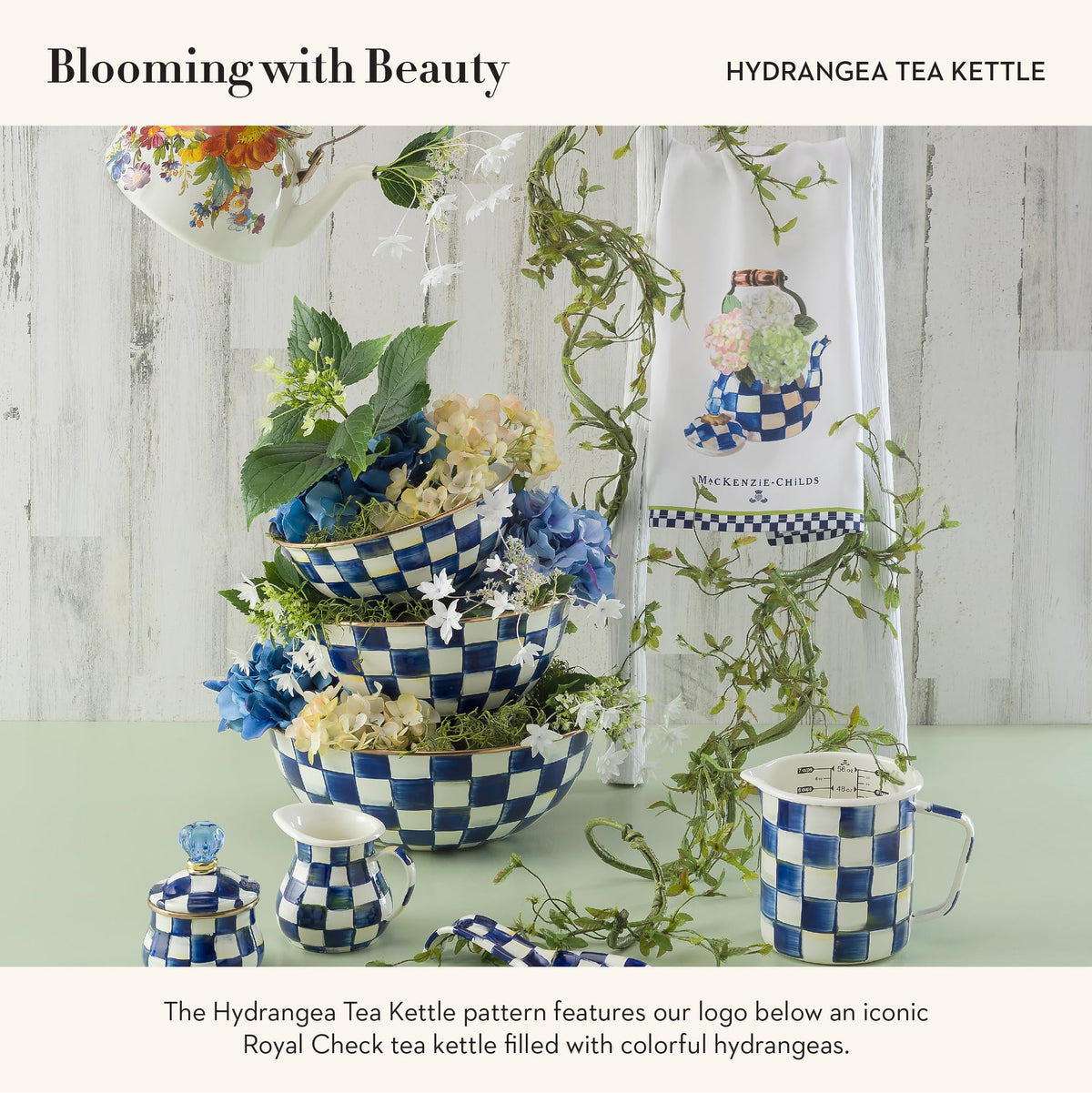 MACKENZIE-CHILDS Hydrangea Tea Kettle towel pattern closeup shows vibrant hydrangea motif