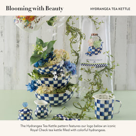 MACKENZIE-CHILDS Hydrangea Tea Kettle towel pattern closeup shows vibrant hydrangea motif