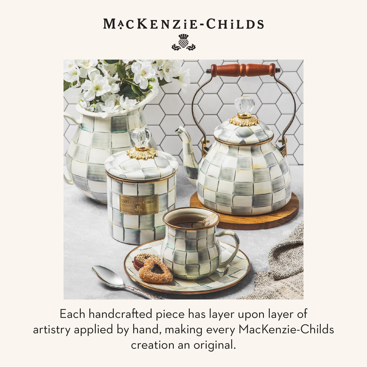 Mackenzie-Childs kitchen decor piece doubles as functional tea kettle.