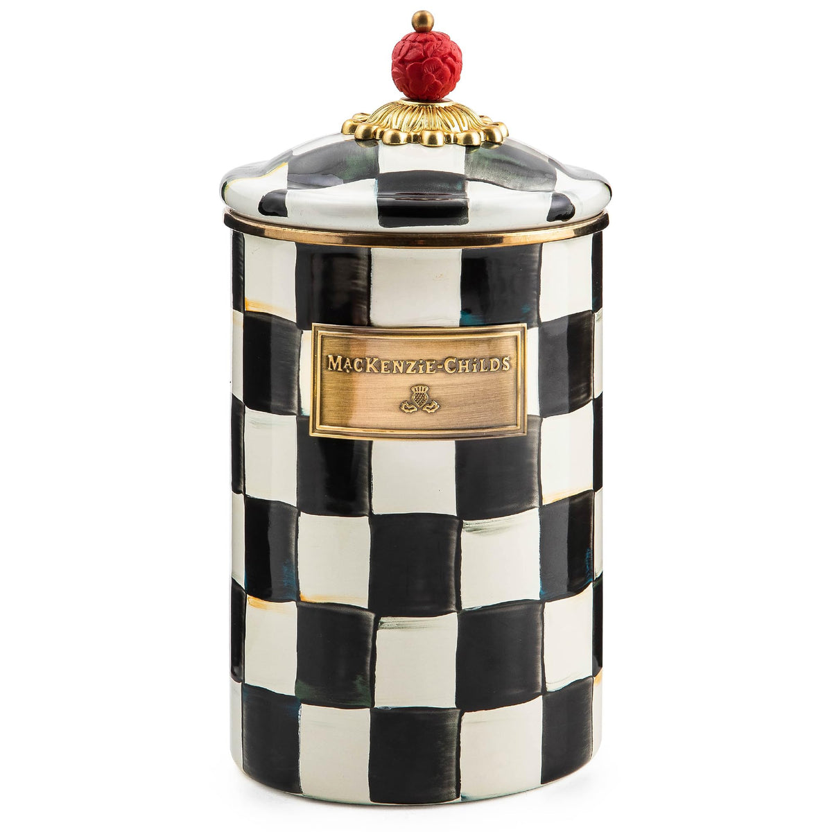 MacKenzie-Childs large enamel canister with Courtly Check lid for stylish flour storage.