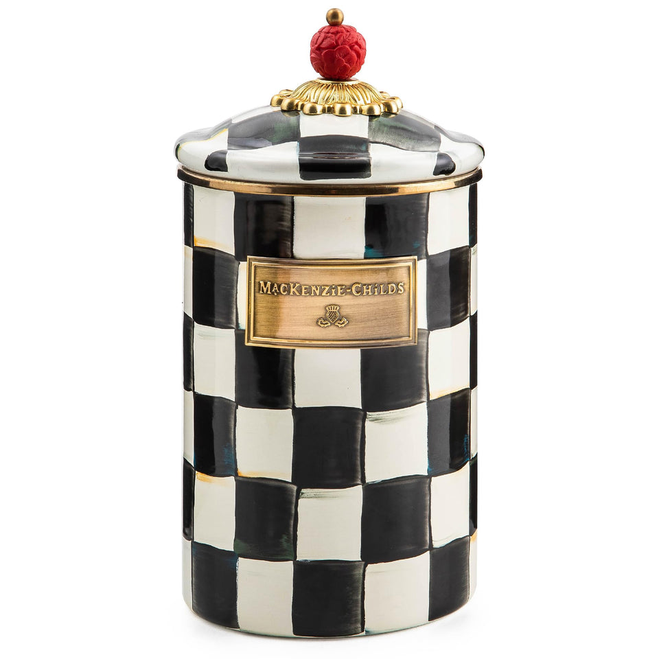 MacKenzie-Childs large enamel canister with Courtly Check lid for stylish flour storage.