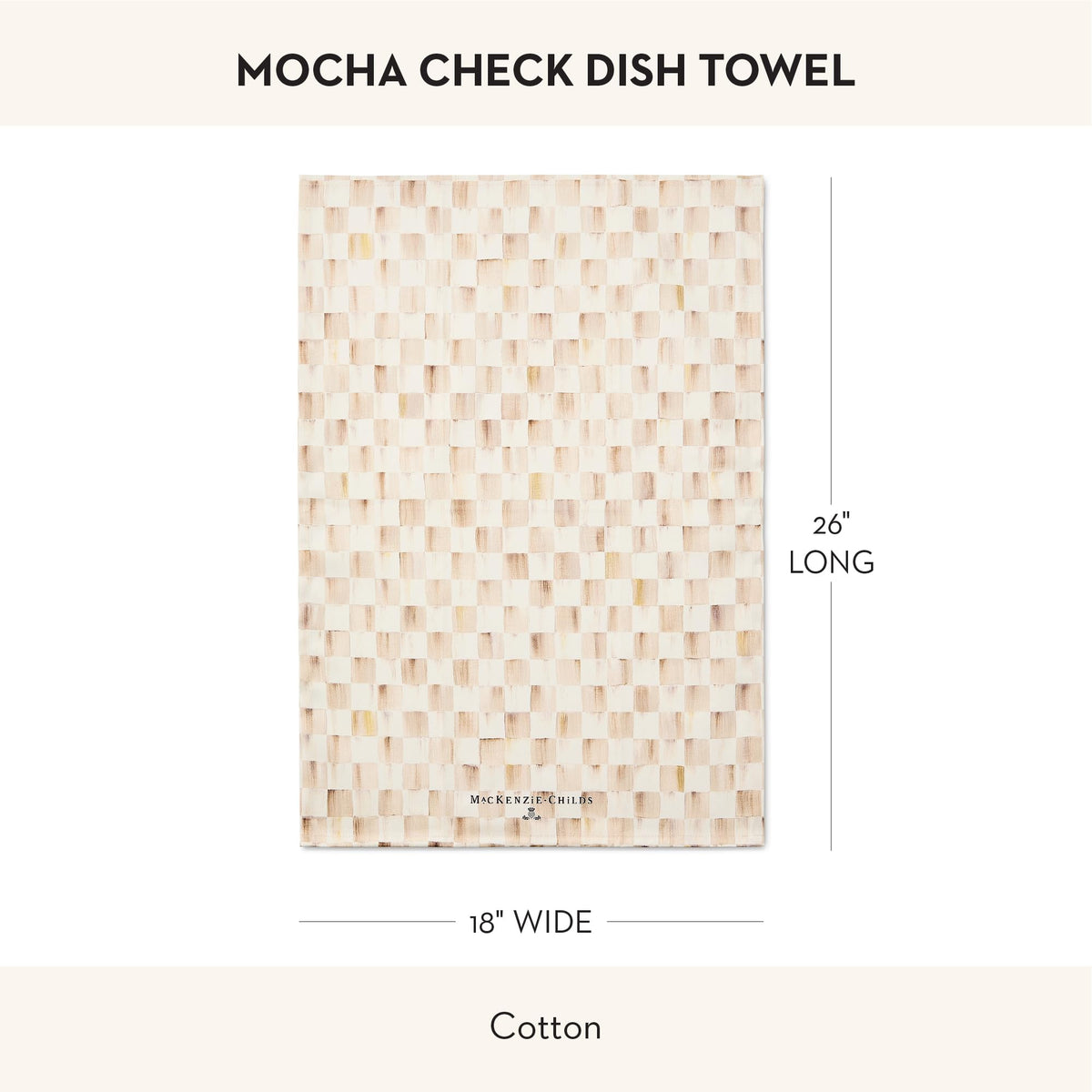 MacKenzie-Childs mocha check dish towel full view shows decorative pattern and practical drying use.