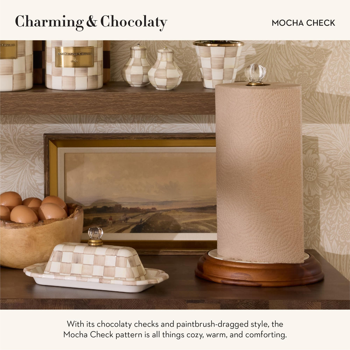 MacKenzie-Childs mocha-check enamel detail elevates kitchen decor with pattern charm.