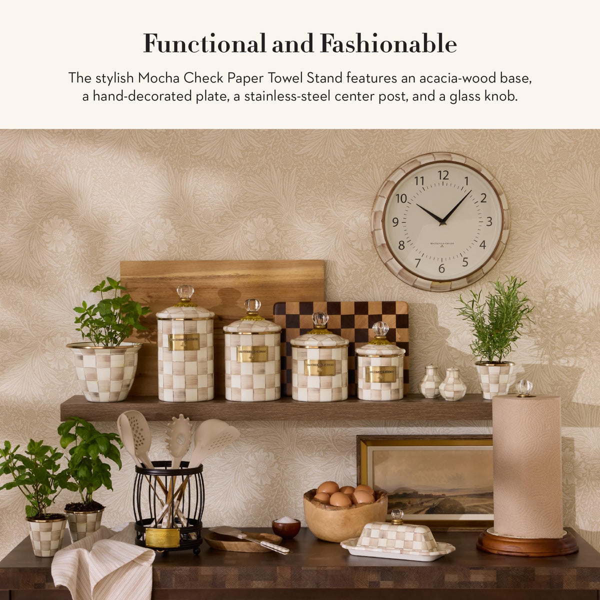 MacKenzie-Childs mocha-check wood base detail highlights craftsmanship on your counter.