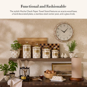 MacKenzie-Childs mocha-check wood base detail highlights craftsmanship on your counter.