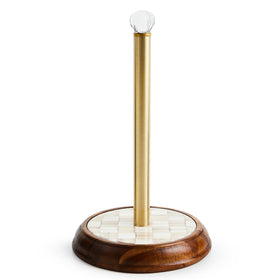 MacKenzie-Childs mocha-check wood paper towel holder base offers sturdy, decorative support.