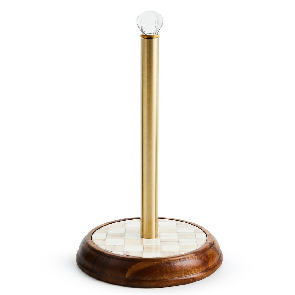 MacKenzie-Childs mocha-check wood paper towel holder base offers sturdy, decorative support.