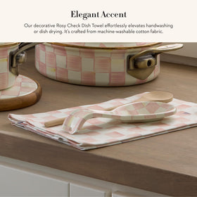 Mackenzie-Childs pink-and-white rosy check pattern towel; soft cotton for gentle hand drying.