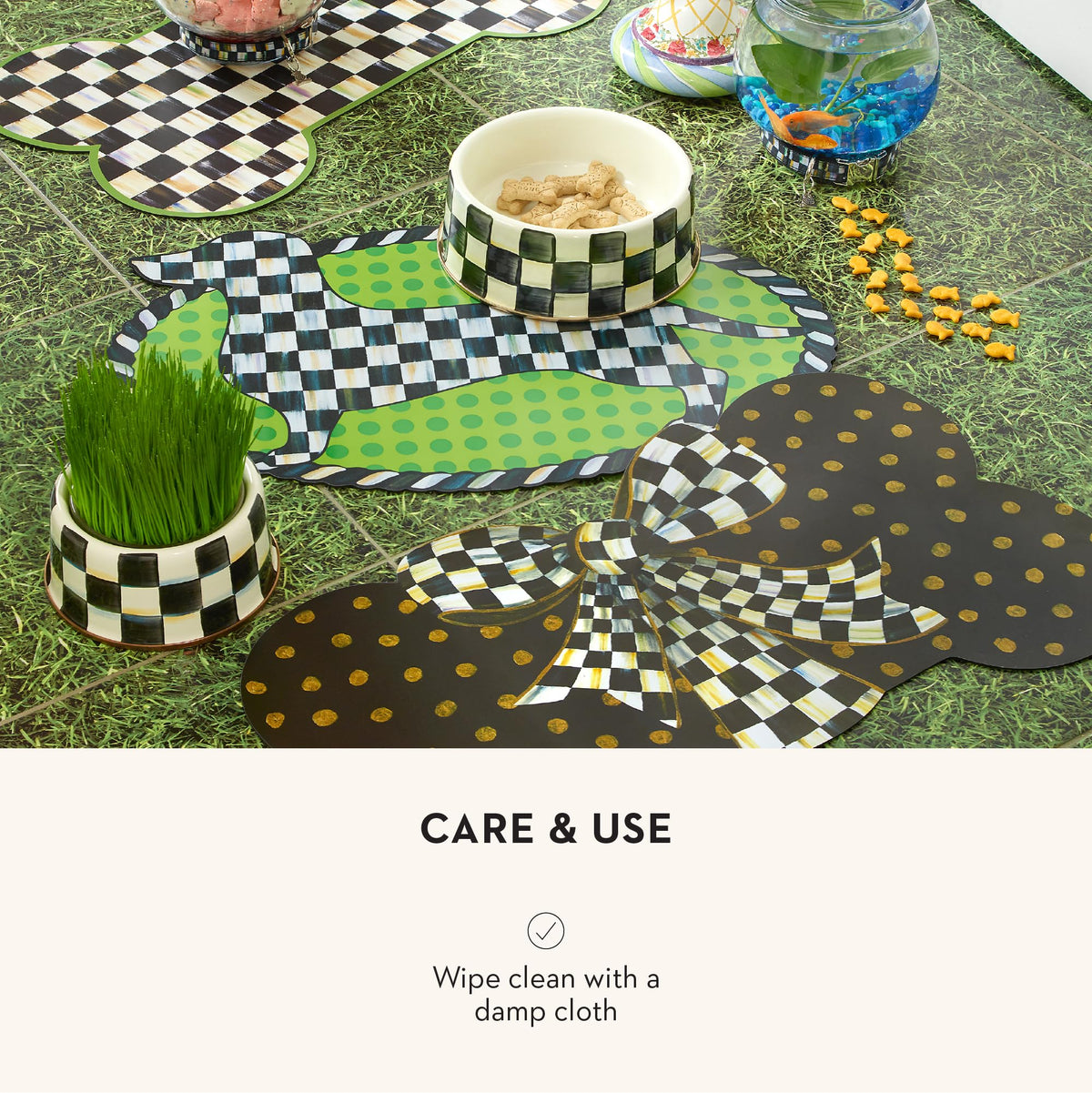 MACKENZIE-CHILDS Pup Placemat bowls neatly aligned.