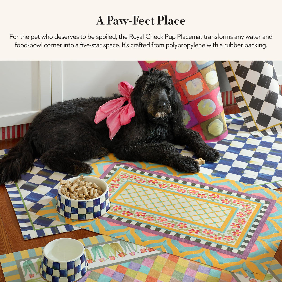 MACKENZIE-CHILDS Pup Placemat closeup highlights Royal Check pattern.