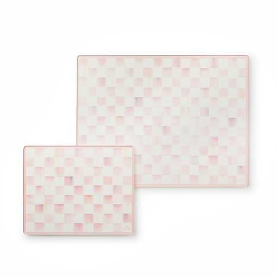 MACKENZIE-CHILDS Rosy Check tempered glass cutting boards—two stylish, durable surfaces for prep and serving.