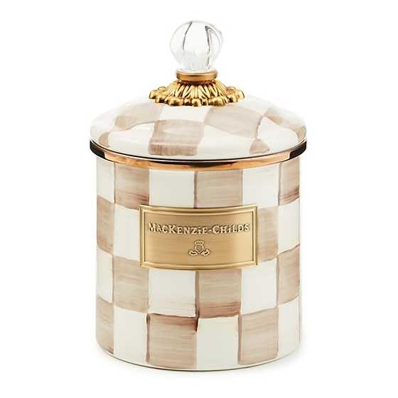 MacKenzie-Childs small enamel canister with mocha check and lid for organized storage.
