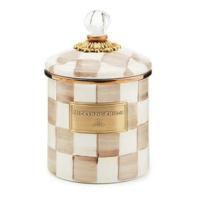 MacKenzie-Childs small enamel canister with mocha check and lid for organized storage.