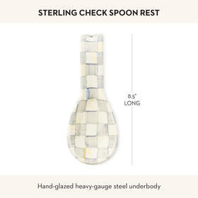 MACKENZIE-CHILDS spoon rest close-up shows grey-white Sterling Check pattern.