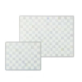 MacKenzie-Childs Sterling Check cutting board – tempered glass, heat resistant for prep.