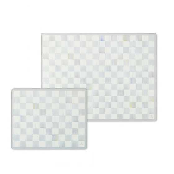 MacKenzie-Childs Sterling Check cutting board – tempered glass, heat resistant for prep.