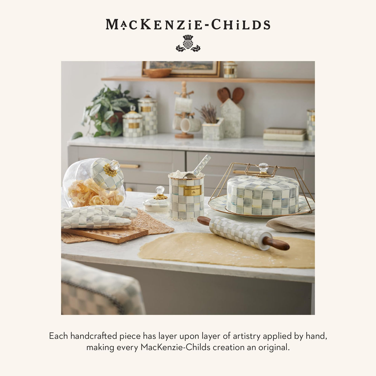 MacKenzie-Childs Sterling Check cutting board – easy to clean surface for everyday use.