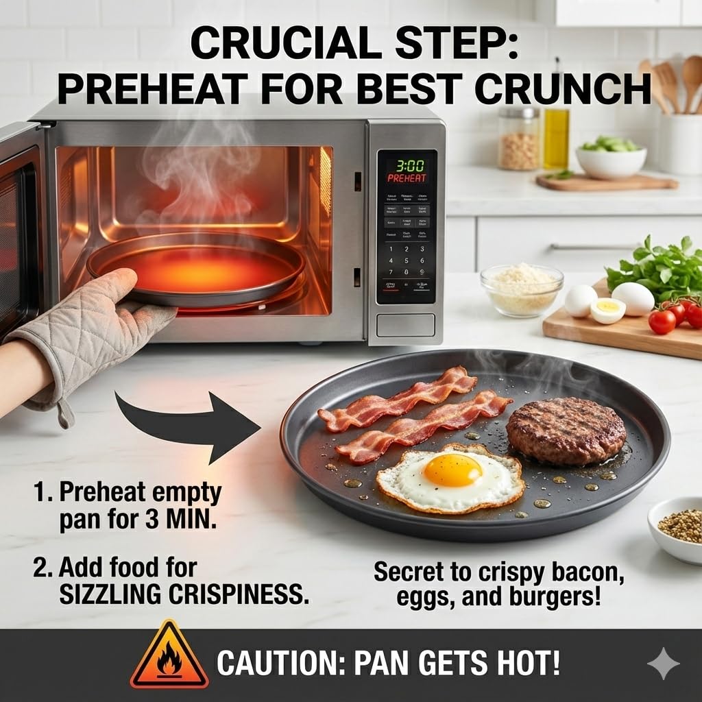 MACONEE 12-inch crisper pan frozen-patty reheating with fry-like finish.