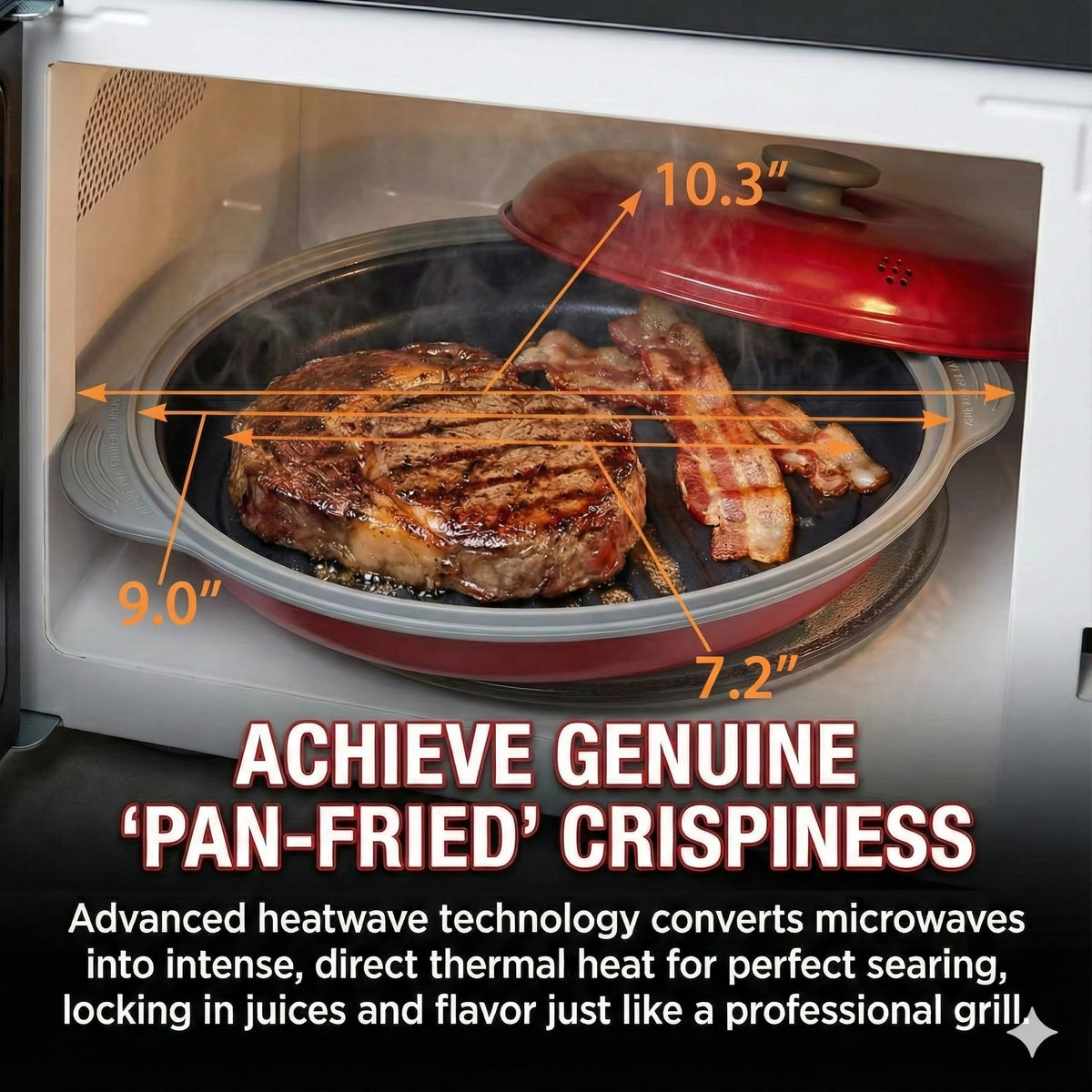 MACONEE grill pan browns steak in the microwave for sear marks.