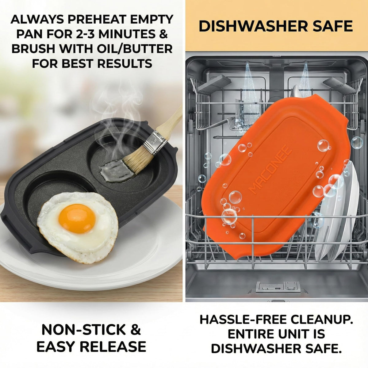 MACONEE non-stick surface and dishwasher-safe cleanup