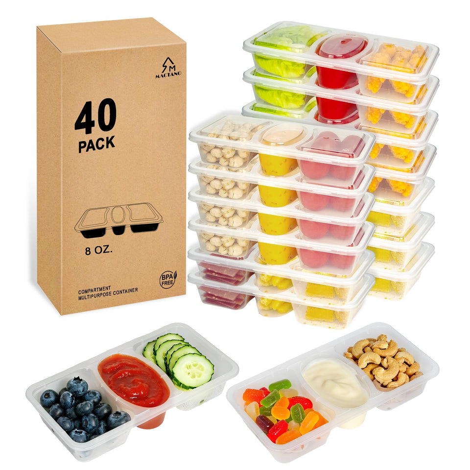 MACTANO 8 oz snack containers with lids shown closed for spill-free storage.