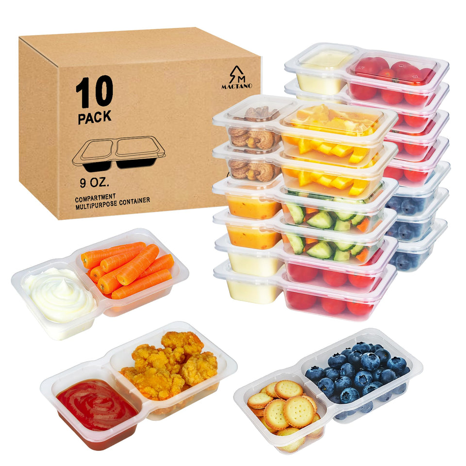 MACTANO 9oz dual-compartment snack container with clear lid for easy portion control.