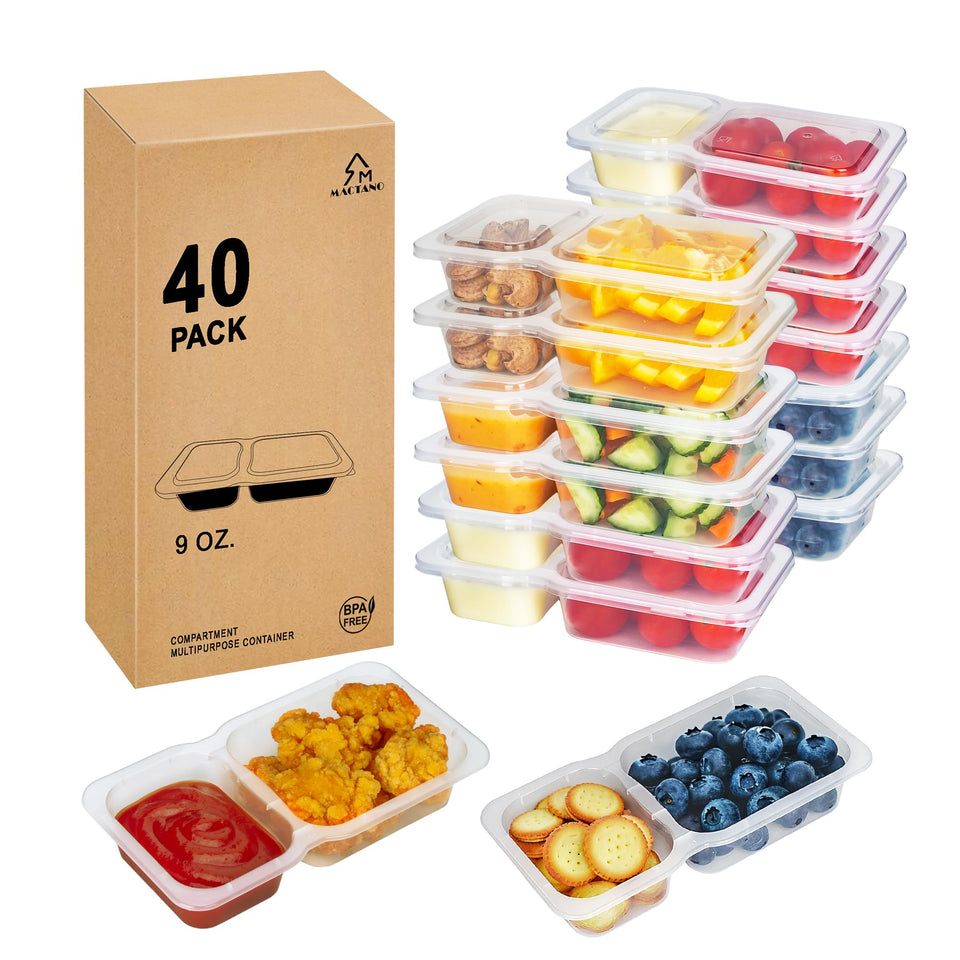 MACTANO 9oz dual-compartment containers for organized on-the-go snacking.